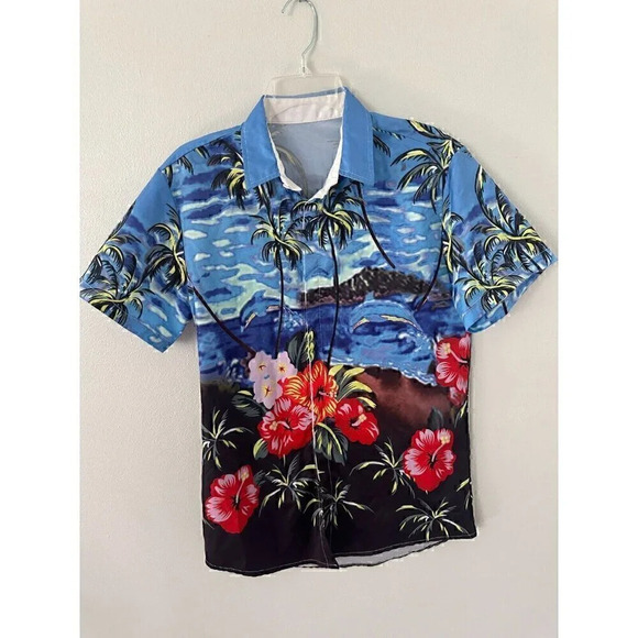 Palmwave Men's S Button Up Short Sleeve Hawaiian Shirt Flowers Palms Small - Picture 1 of 5